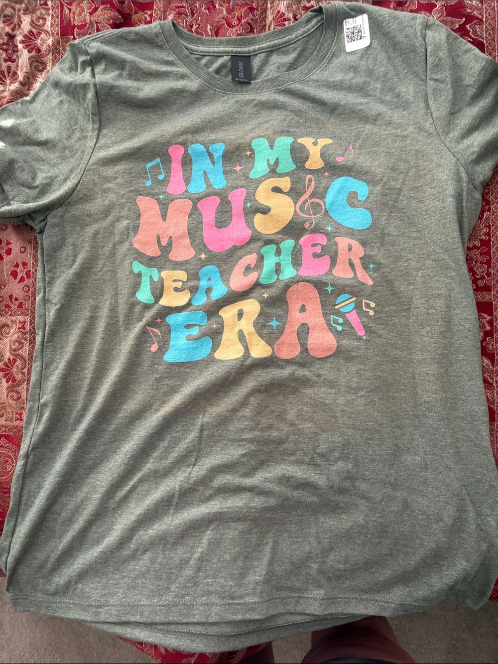 Gildan Olive Green Kids Tee with Multicolor 'In My Music Teacher Era' Graphic